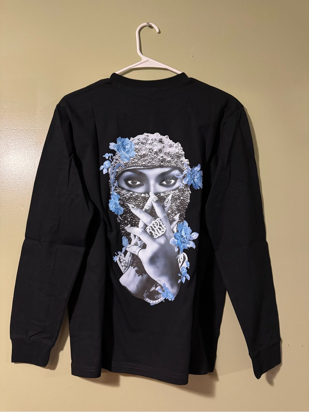 Black / Grey / White Long Sleeve Graphic Tee with Blue Floral Graphic